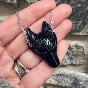 Black Onyx Carved Wolf Pendant Necklace